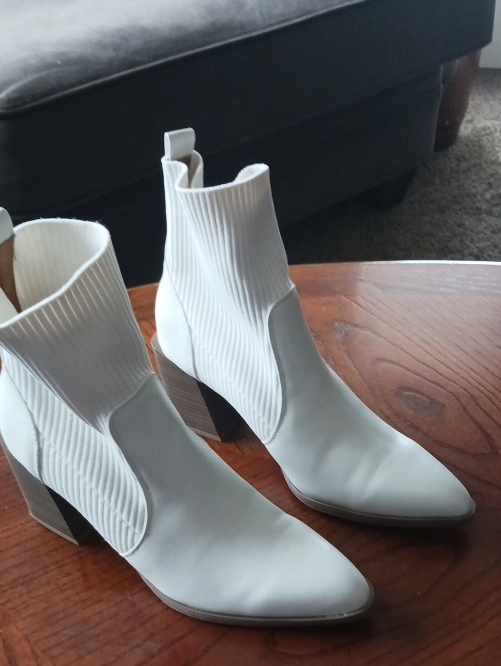 White Rib-Knit Sock Ankle Boots with Block Heel